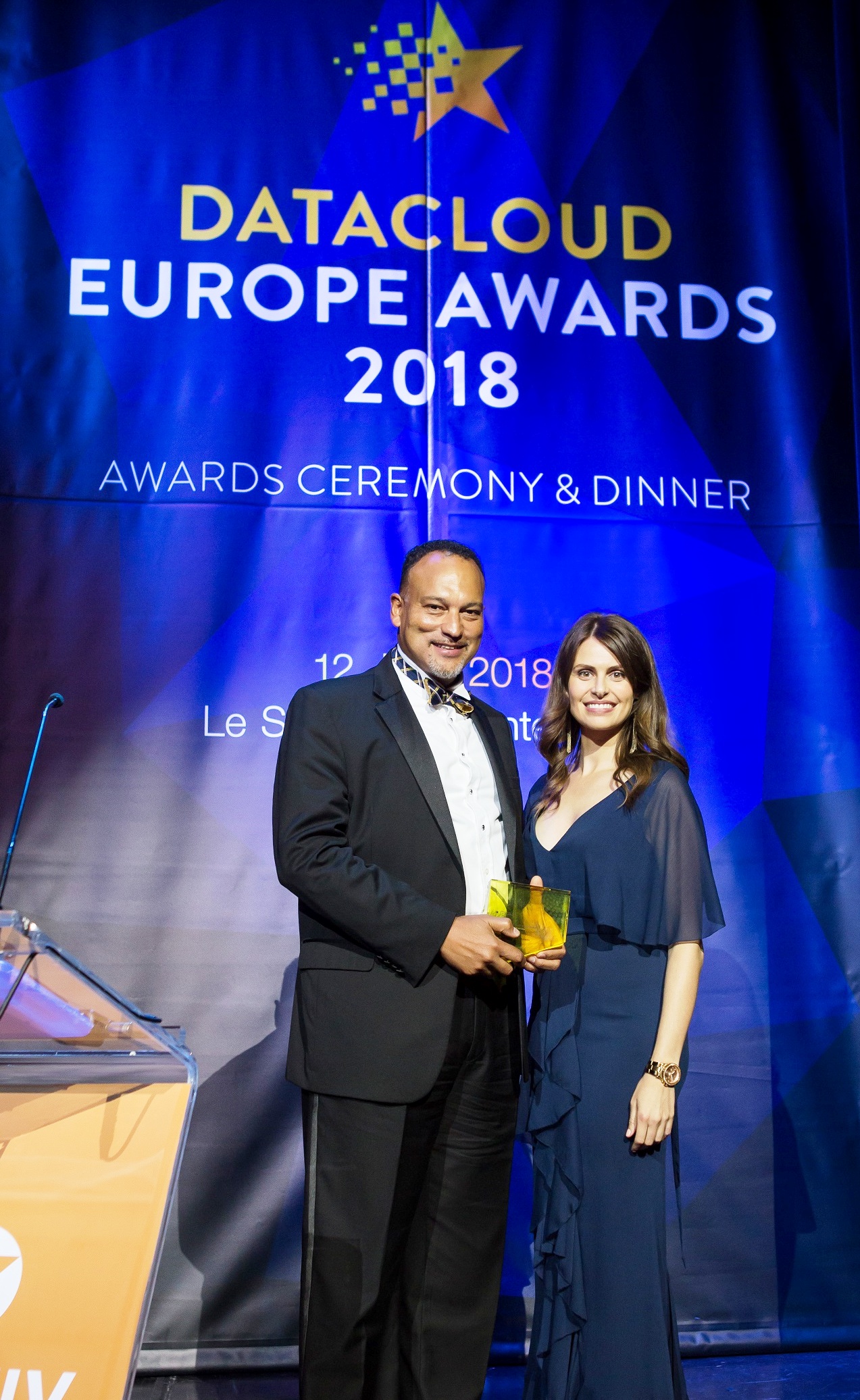 The Managing Director of Rack Centre Ayotunde Coker with Ellie Taylor the Presenter and renowned English Comedian at the recent Datacloud Europe Awards in Monaco